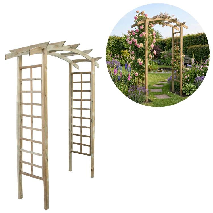 Treated wooden garden arch trellis with lattice sides, shown alone and installed in a flower garden with climbing pink roses and a stepping-stone path