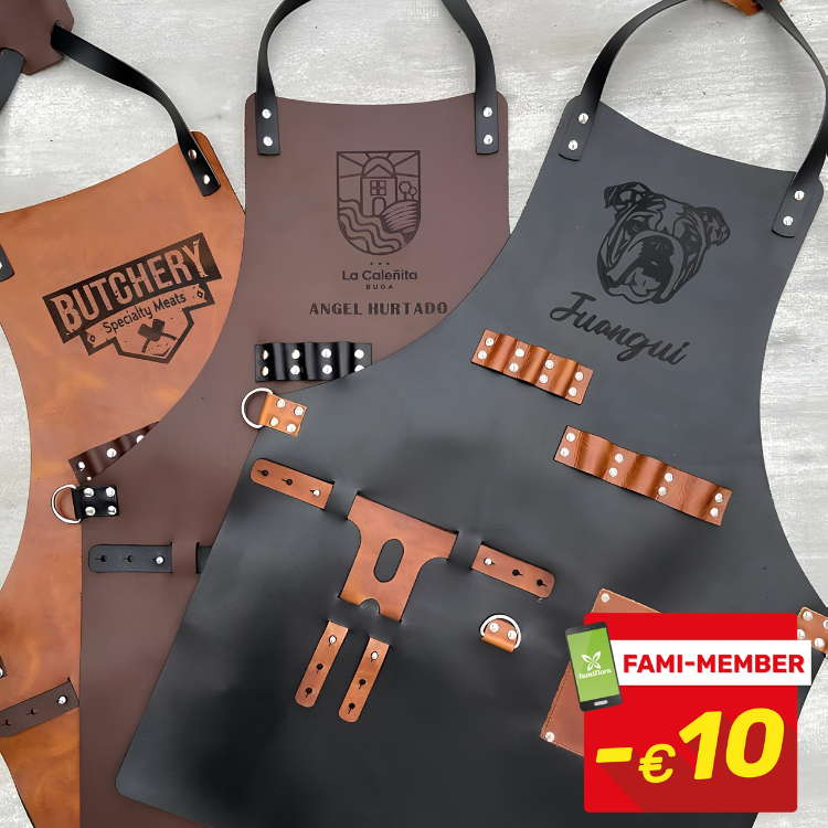 Three personalised leather aprons with logos (butchery, La Caleñita, bulldog), leather straps and €10 discount badge