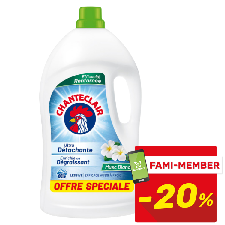 White Chanteclair laundry detergent bottle with green cap, rooster logo, 'Musc Blanc' scent label and red FAMI‑MEMBER -20% tag