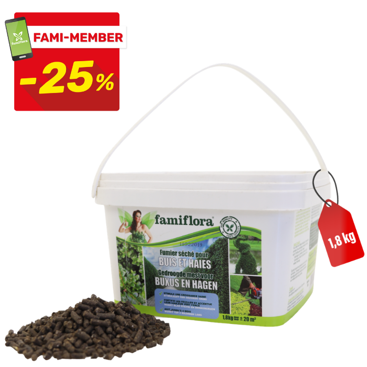 Famiflora 1.8 kg bucket of dried manure pellets for boxwood and hedges with pile of pellets and Fami‑Member -25% badge