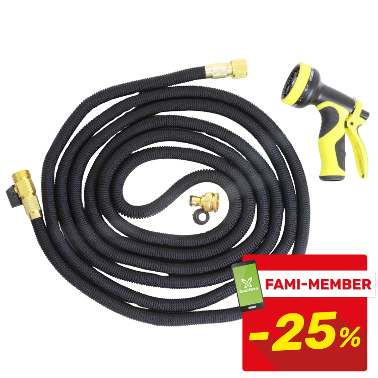 Coiled black expandable garden hose with brass fittings and yellow-black spray nozzle, includes connector and rubber washer