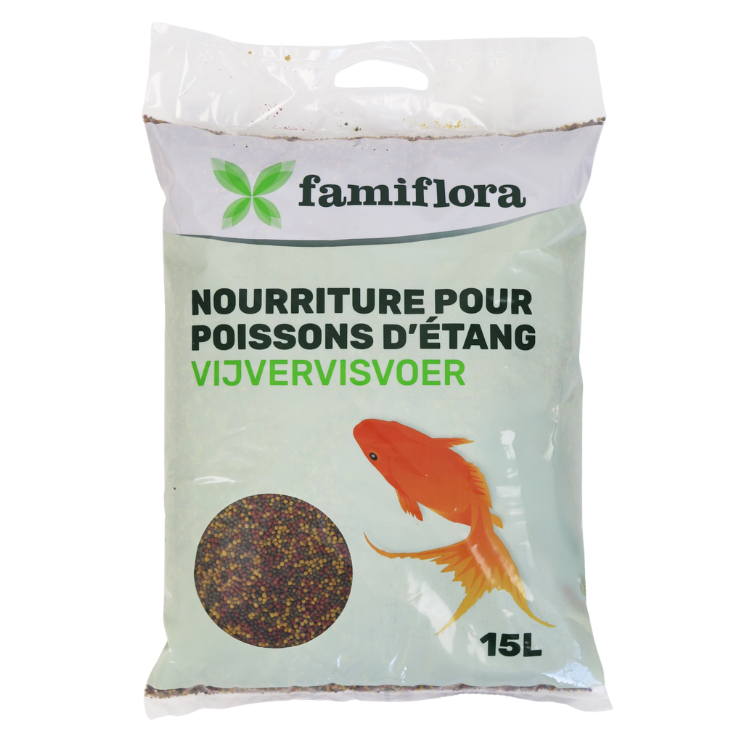 15L Famiflora pond fish food bag with goldfish illustration and visible round brown and red pellets through clear window