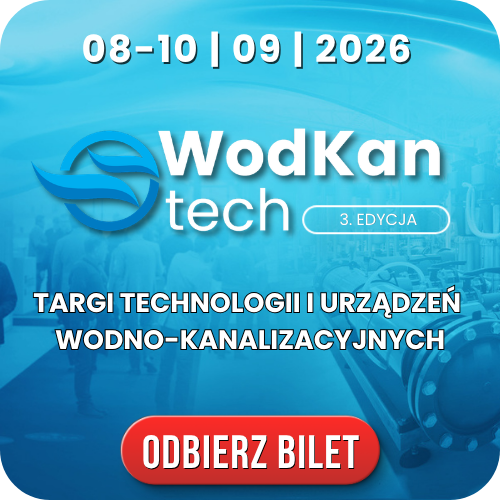 WodKan Tech poster, 08–10 Sep 2026 — water and sewage technology trade fair, white logo on blue background and red Get ticket button
