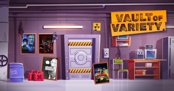 Underground vault interior with heavy sealed door, 'Vault of Variety' sign, movie and game posters, retro computer equipment and storage crates