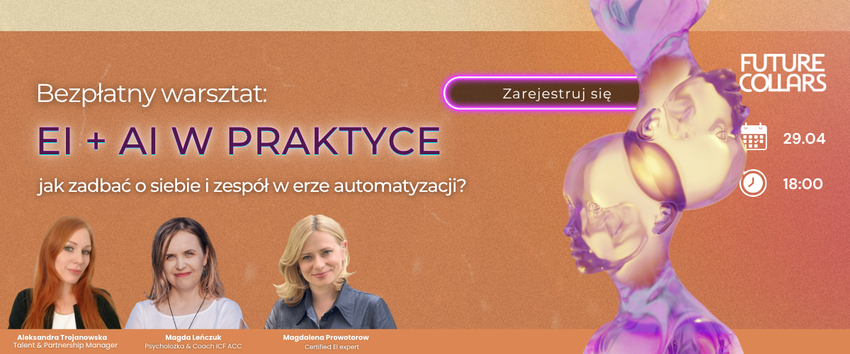 Banner for free workshop 'EI + AI in Practice' 29 April 18:00, Future Collars; three speakers, registration button and abstract purple sculpture.