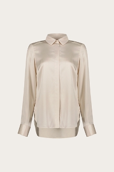 Cream silk long-sleeve blouse with hidden button placket, classic collar and high-low hem