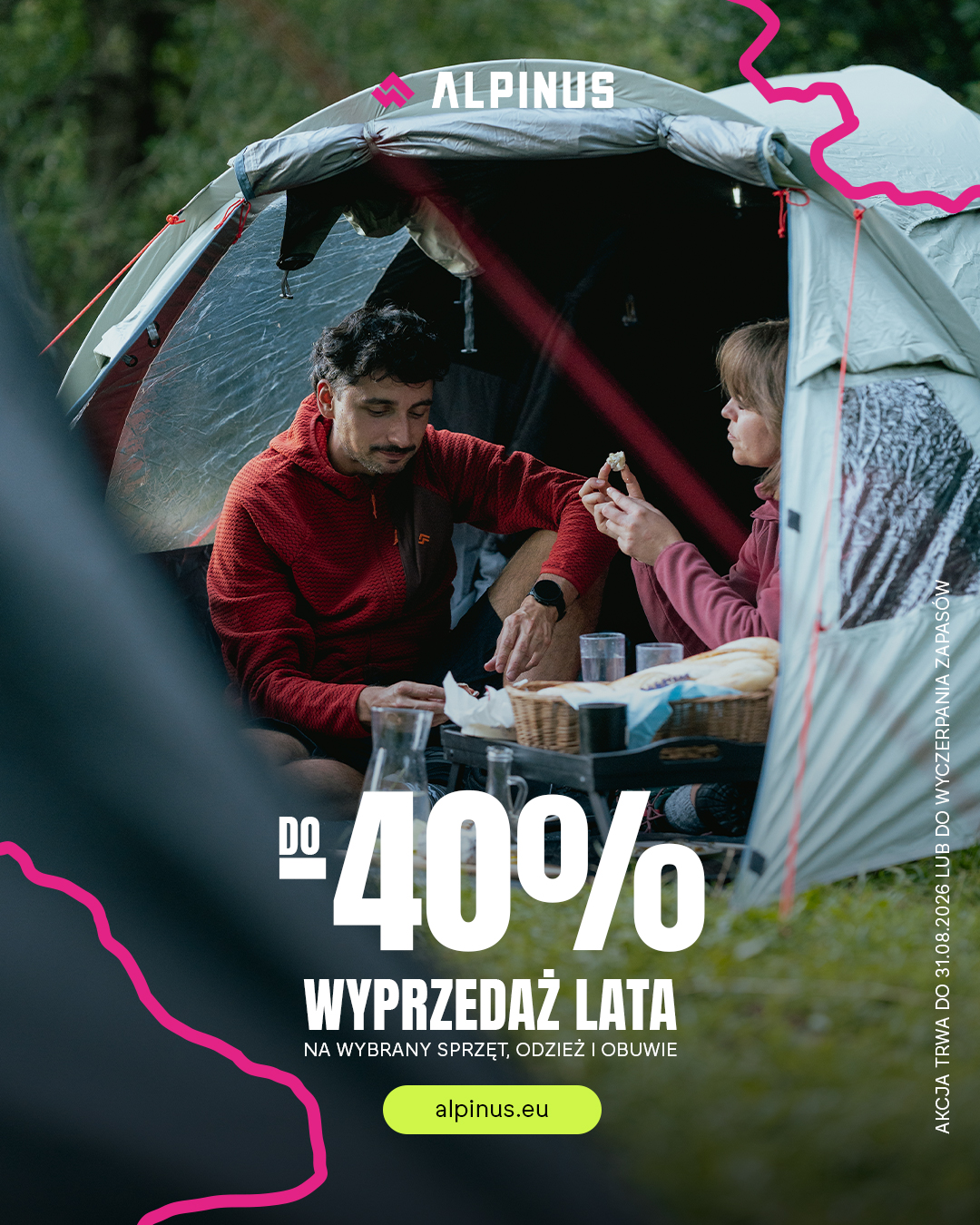 Two people sharing a picnic inside an Alpinus tent at a campsite, with overlaid text 'up to 40% off summer sale'