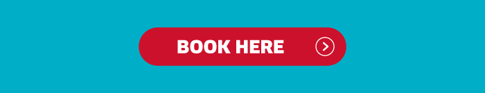Red 'Book here' call-to-action button with white text and right arrow on a teal background