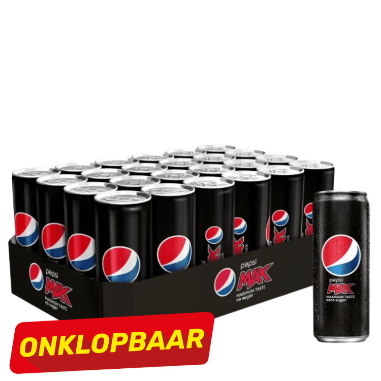 Tray of 24 Pepsi Max zero-sugar black cans with one can displayed and a red 'ONKLOPBAAR' promotional badge