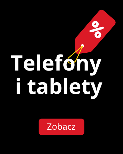 Promocja na telefony i tablety z czerwonym symbolem procentu oraz przyciskiem zobacz