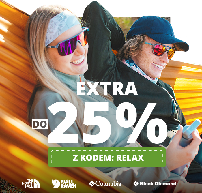 Two young people relaxing in an orange hammock wearing outdoor jackets and mirrored sunglasses; promo text 'EXTRA 25% - code RELAX'