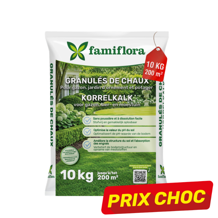 Famiflora granular lime (Korrelkalk) 10 kg bag for lawn, ornamental garden and vegetable patch — treats up to 200 m²