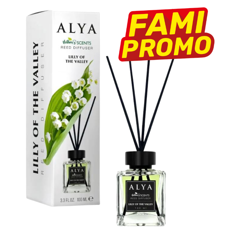 ALYA Lilly of the Valley reed diffuser 100ml with black reeds and boxed packaging, FAMI PROMO badge