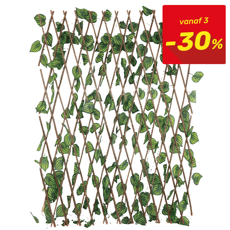 Three expandable wooden trellis panels with artificial ivy privacy screen, garden screening, red -30% sale tag