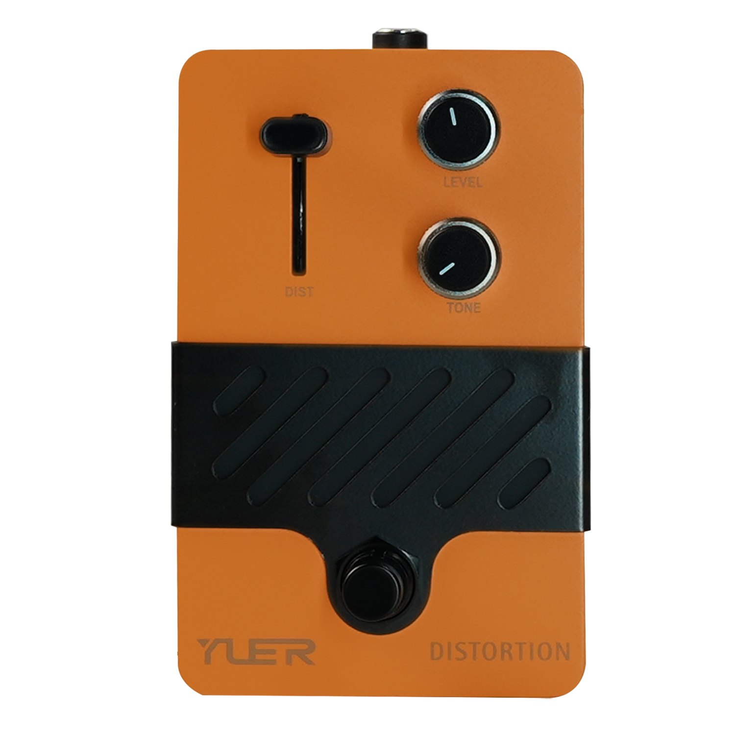 Orange guitar distortion pedal with black tread plate, two knobs labelled Level and Tone, single footswitch and input jack