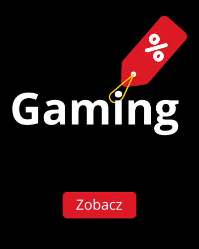 Logo gaming z czerwoną metką procentową i przyciskiem zobacz na czarnym tle