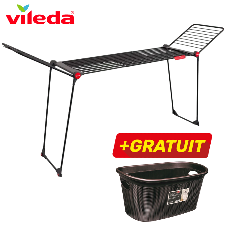 Vileda folding clothes airer with extended wings and free brown laundry basket — indoor drying rack for clothes
