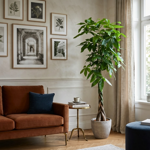 Cosy living room with brown sofa, blue cushion, potted braided money tree, side table with cup and books, framed prints