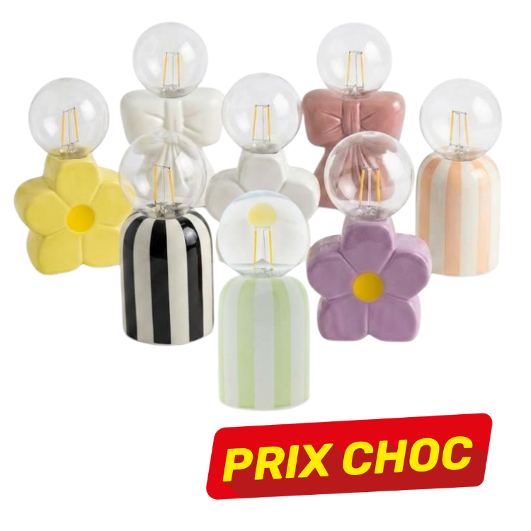 Colourful ceramic novelty table lamps with clear globe LED bulbs in flower, bow and striped designs, 'PRIX CHOC' sale badge