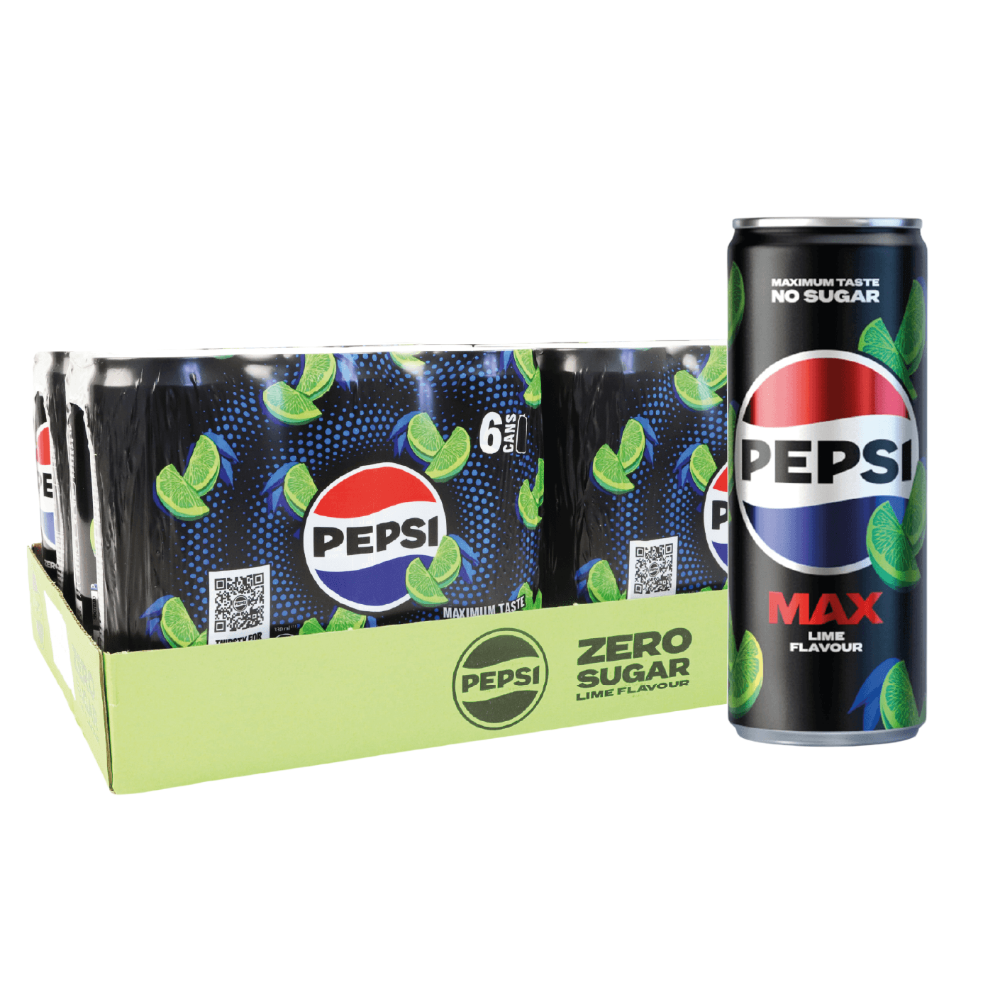 Six-pack of Pepsi Max Lime zero-sugar cans in a green tray beside a single tall black Pepsi Max Lime can with lime graphics