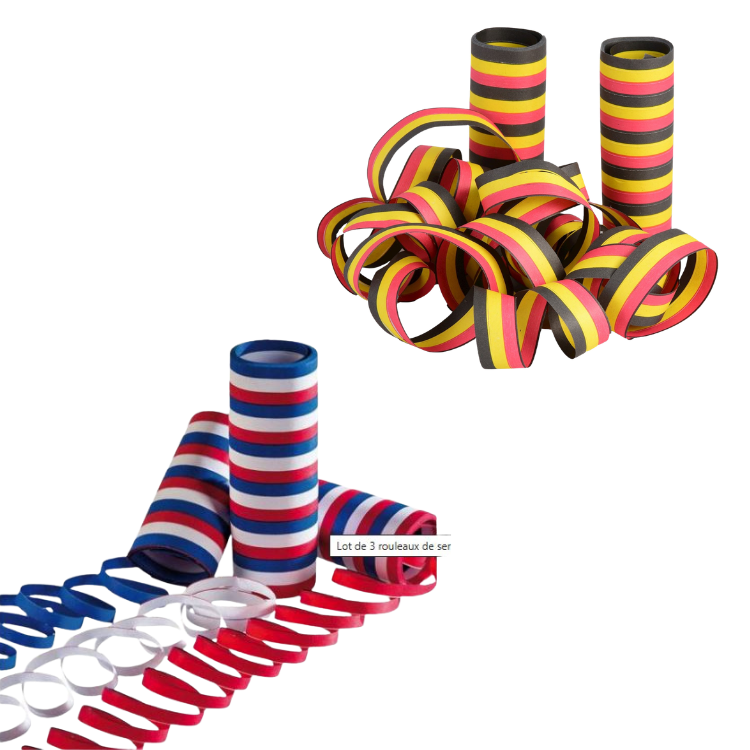 Two sets of striped paper party streamers on white background — yellow, red and black set and blue, white and red set, some rolls stacked and unrolled