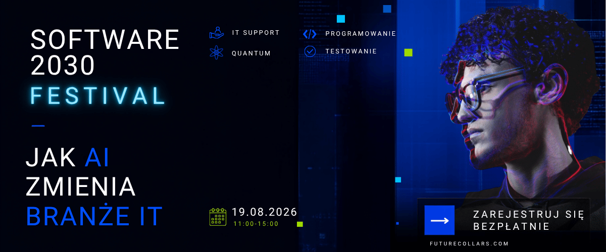 Banner for Software 2030 Festival promoting AI in IT, blue futuristic portrait, event date 19.08.2026 and free registration