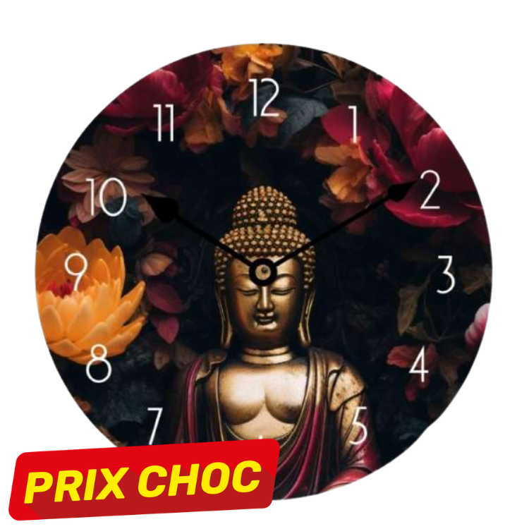 Round wall clock with golden Buddha statue at centre, dark floral background, white numerals, black hands and red 'PRIX CHOC' sale badge