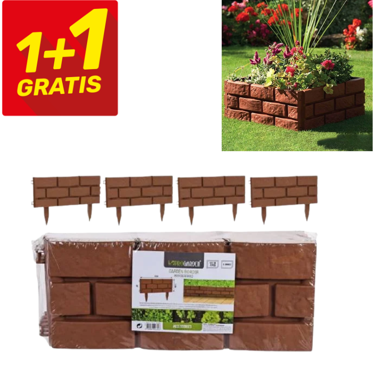Brown interlocking plastic brick-effect garden edging panels with stakes, assembled around a raised flower bed; free extra set
