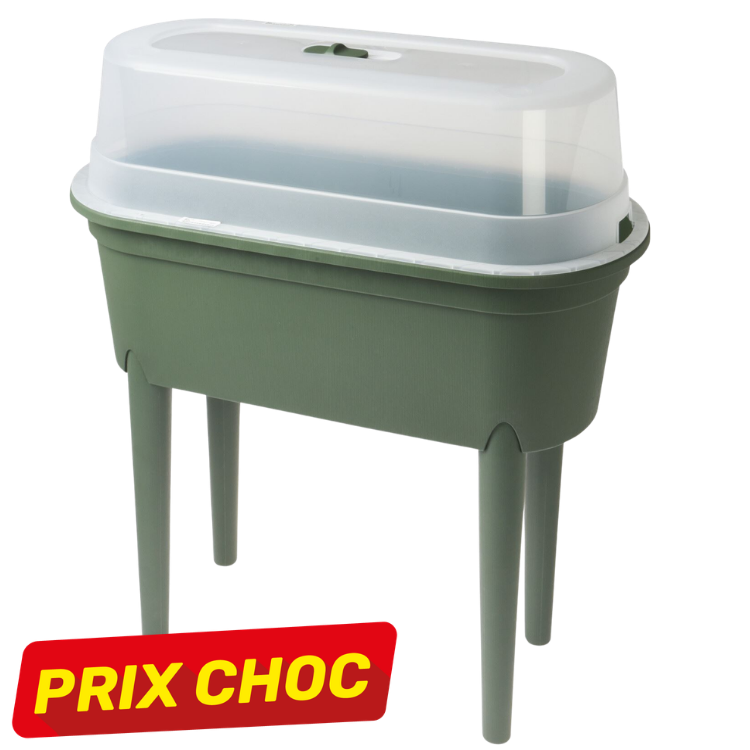 Green raised plastic planter with four legs and clear domed mini greenhouse lid, portable seed tray