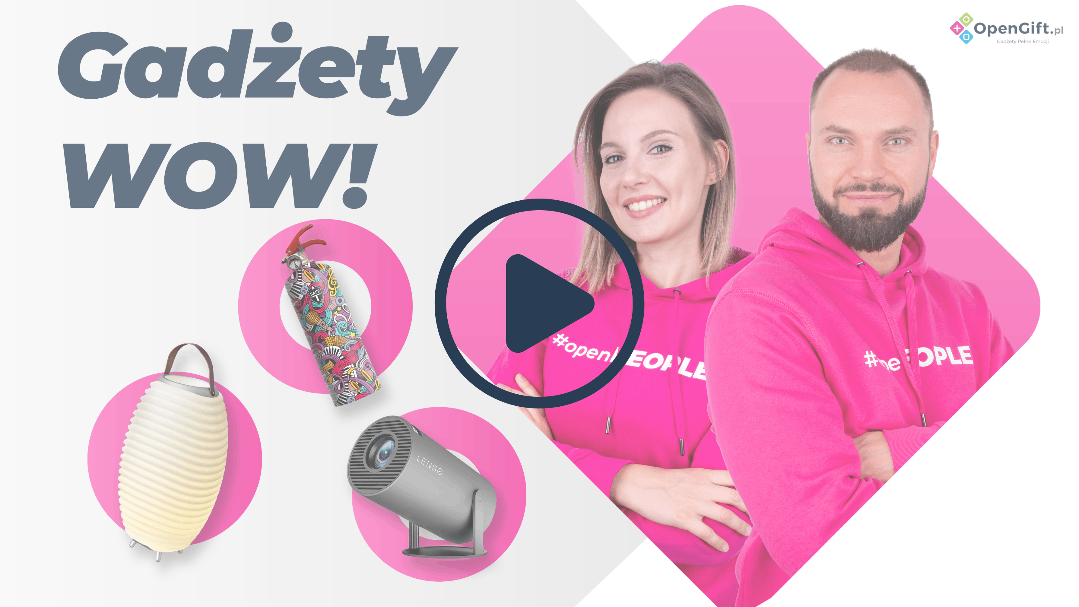 Two people in pink hoodies with branded gadgets (decorative bottle, lantern, mini projector), 'Gadżety WOW!' and OpenGift