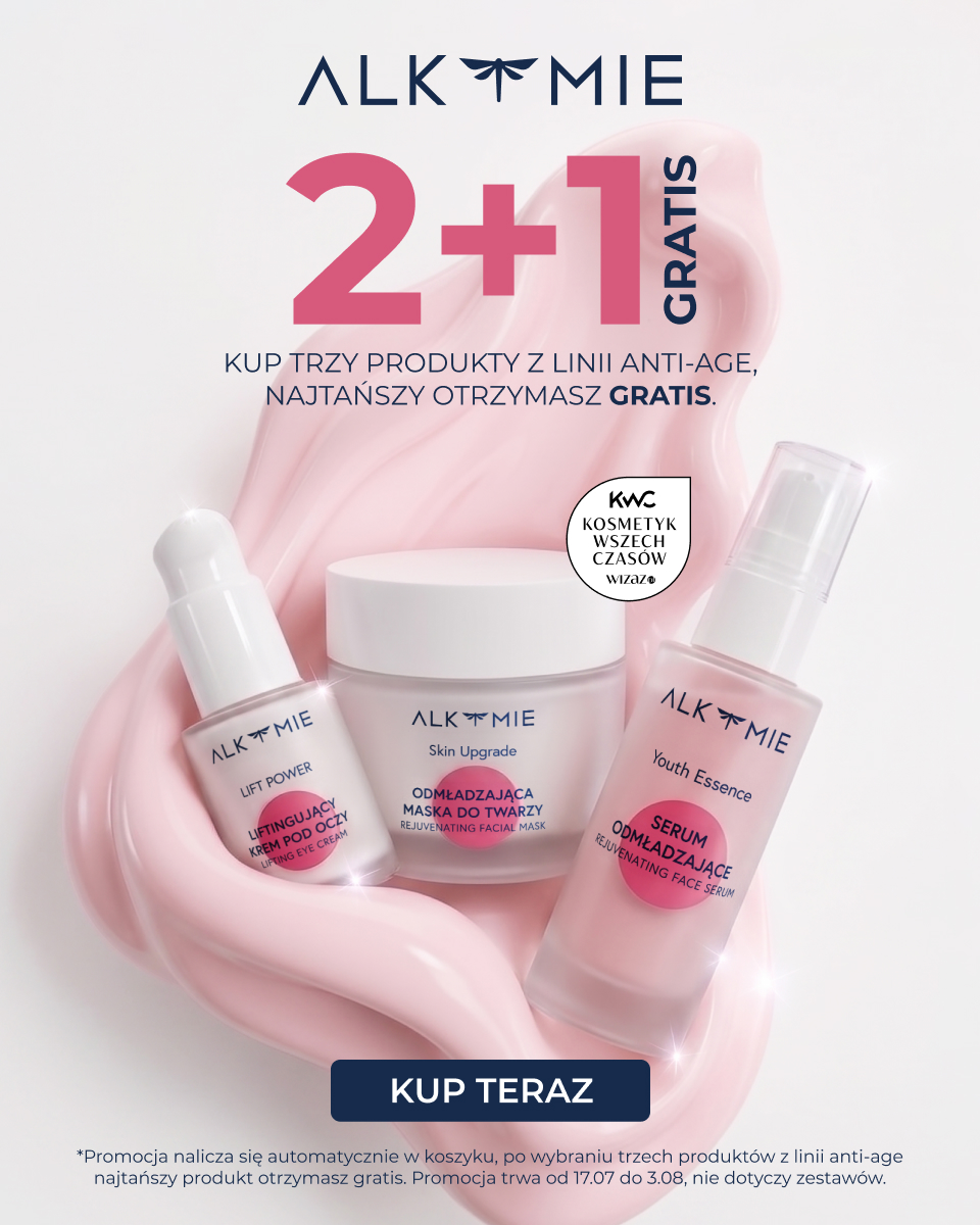 Alkmie anti‑age 2+1 free promotion: lifting eye cream, rejuvenating face mask and youth serum displayed on a pink cream background