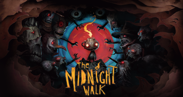 The Midnight Walk cover: eerie puppet-like figure with glowing red eyes, surrounded by shadowy monsters and a blood-red moon