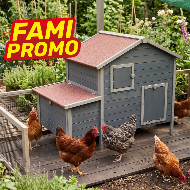 Grey wooden chicken coop with attached run and four hens in a lush garden, FAMI PROMO badge