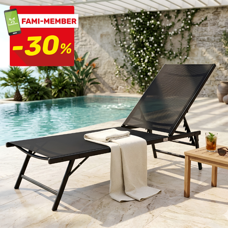 Black adjustable sun lounger with cream towel, side table with iced drink and sunglasses by pool; 30% off FAMI-MEMBER badge