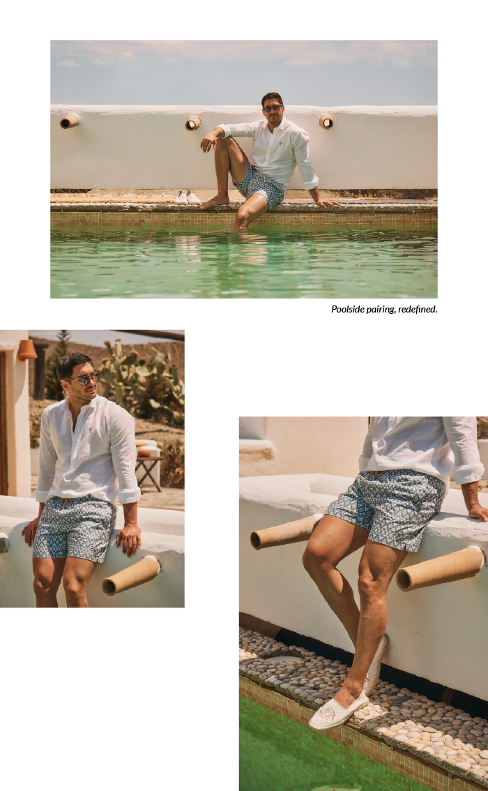 Collage de tres imagenes del primer look , compuesto por camisa de lino blanco, bañador etnico oceano y alpargatas emblema en color nude.