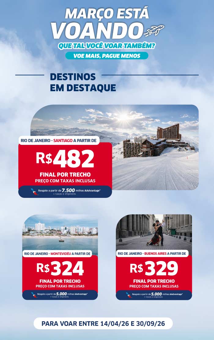 Promotional travel banner showing March flight deals from Rio de Janeiro to Santiago, Montevideo and Buenos Aires with prices and travel dates