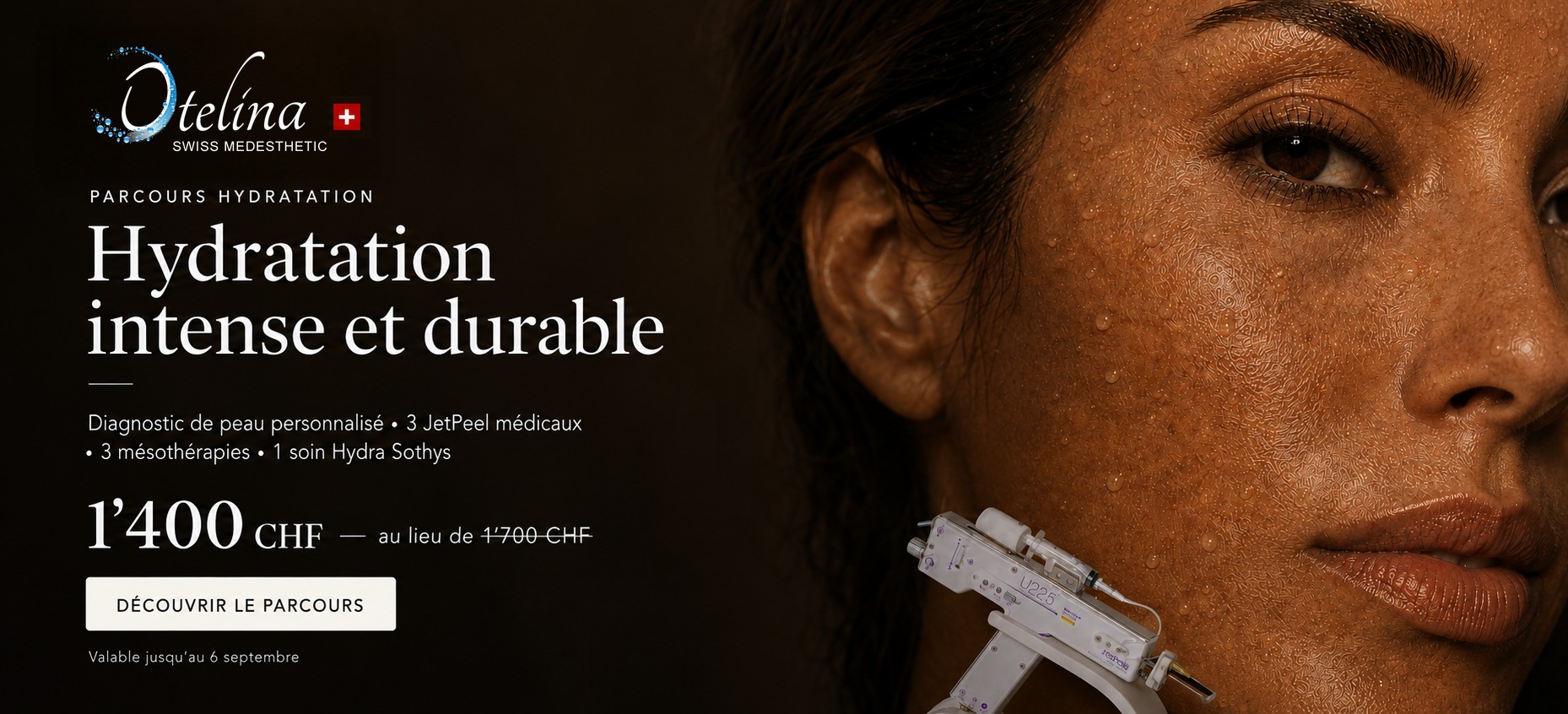 Close-up of a woman's dewy cheek beside a mesotherapy device, Otelina Swiss Medesthetic hydration treatment promotional banner with price