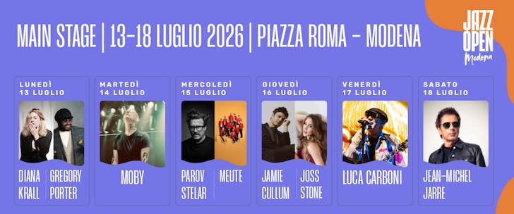 Jazz Open Modena poster: Main Stage schedule 13–18 July 2026 at Piazza Roma, daily performer tiles and photos.