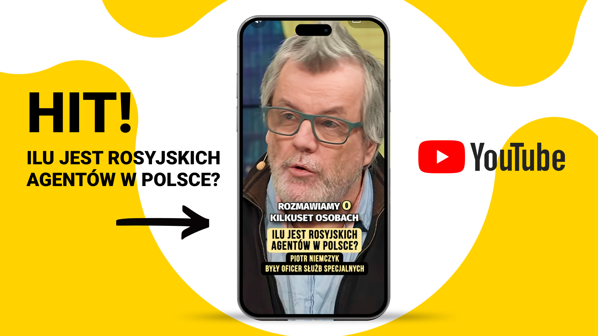 Miniatura YouTube: żółto-białe tło, smartfon z portretem mężczyzny i napisami „HIT! Ilu jest rosyjskich agentów w Polsce?” oraz logo YouTube