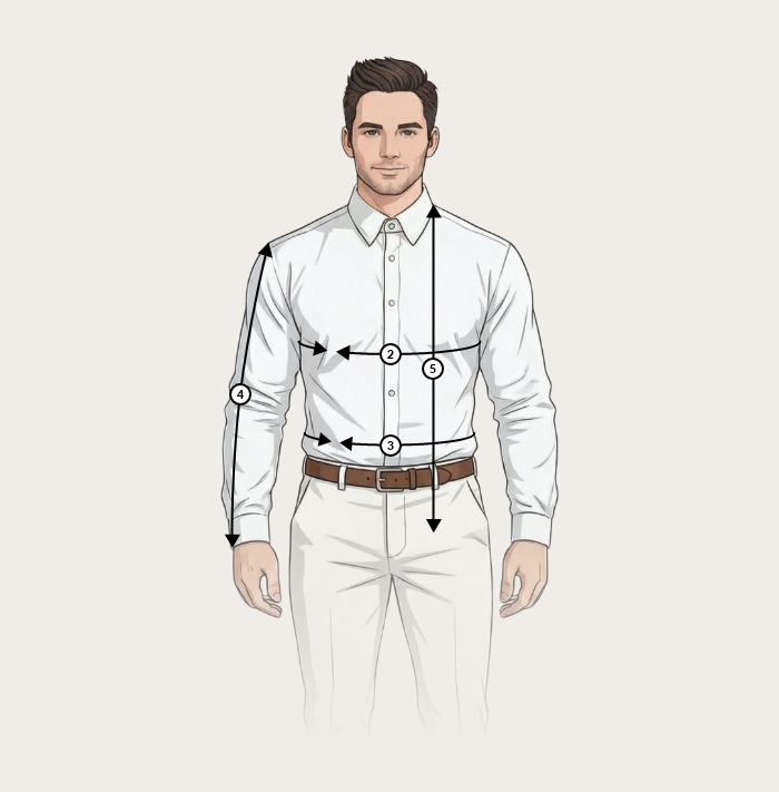 Front-view men's shirt measurement diagram showing numbered arrows for chest, waist, shirt length and sleeve measurements