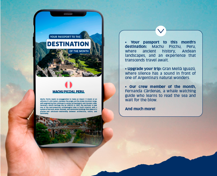 Hand holding smartphone showing a travel promotion for Machu Picchu, Peru, with destination headline and informational bullets