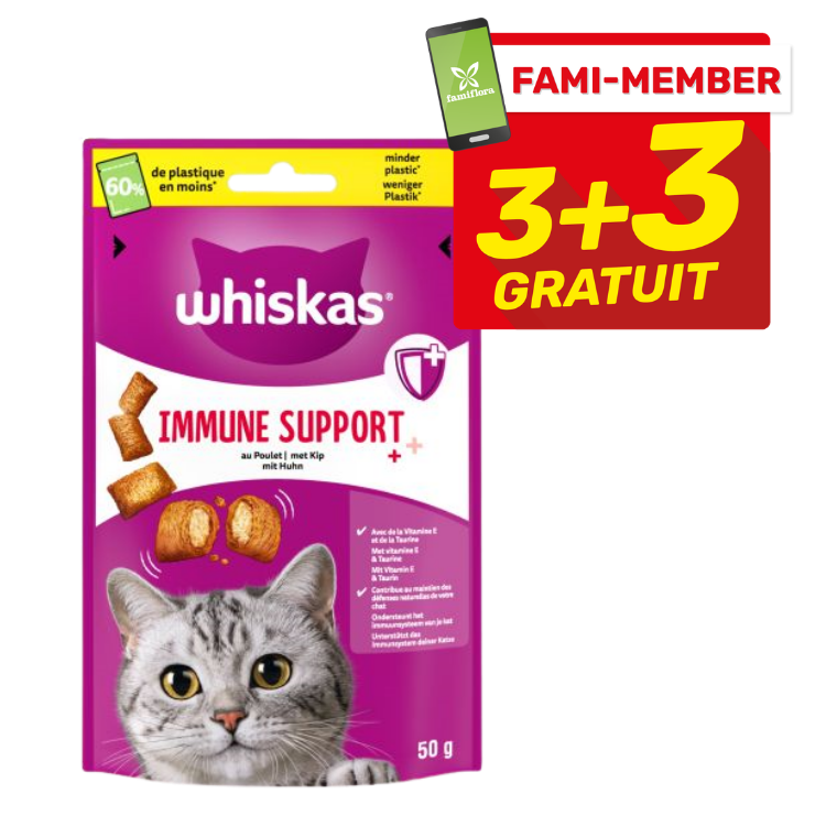Whiskas Immune Support chicken cat treats 50g pouch, cat photo and red 'Fami‑Member 3+3 free' promotional badge