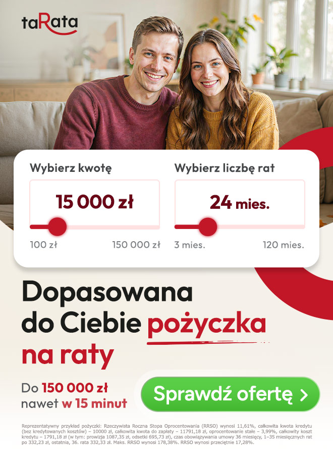 taRata ad: woman with smartphone on red banner promoting instalment loan up to 150,000 zł; example 15,000 zł over 24 months