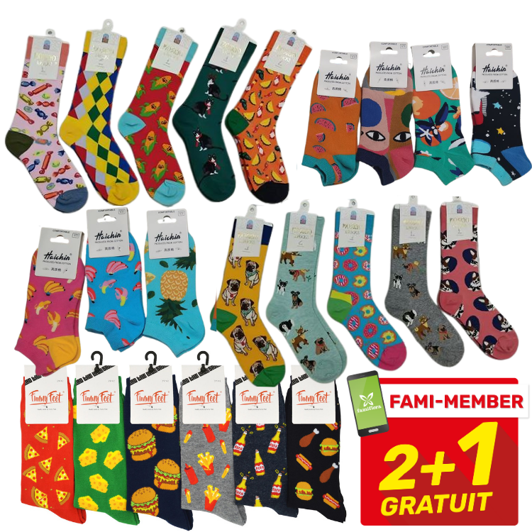 Assorted colourful novelty socks with eclectic patterns (fruit, animals, food) arranged in rows, showing a 2+1 free promotional offer