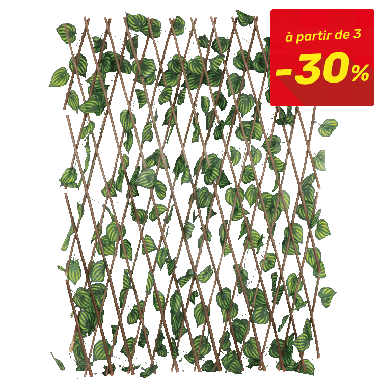 Three wooden lattice trellis panels with artificial green ivy leaves, assorted styles, red '-30%' sale labels