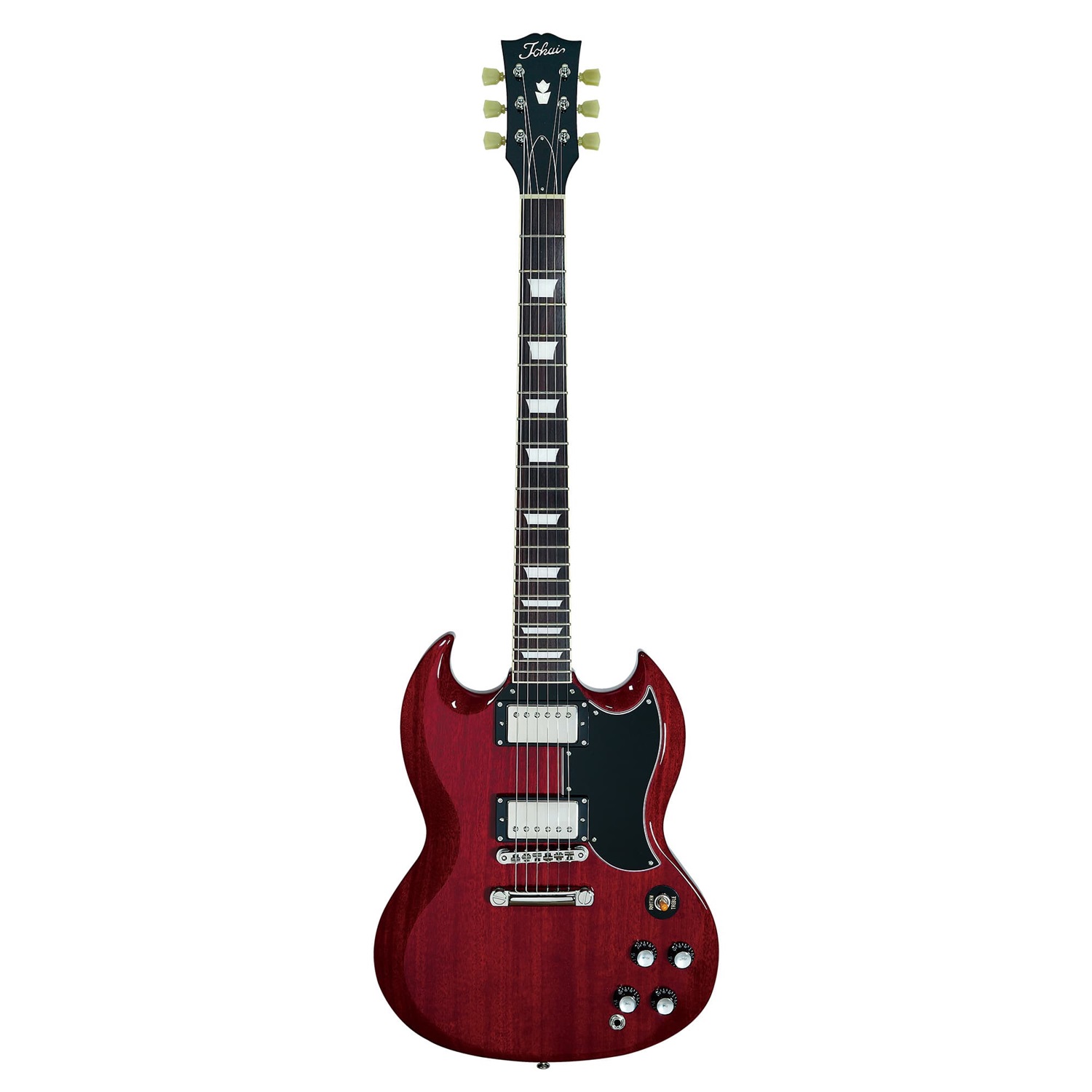 Cherry-red double-cutaway solid-body electric guitar with dual humbucker pickups, tune-o-matic bridge and black pickguard