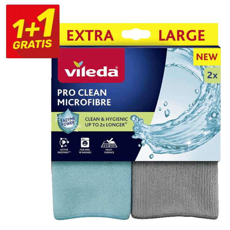 Vileda Pro Clean pack showing extra-large microfibre cloths and Pro Clean sponge, 1+1 gratis, blue and grey
