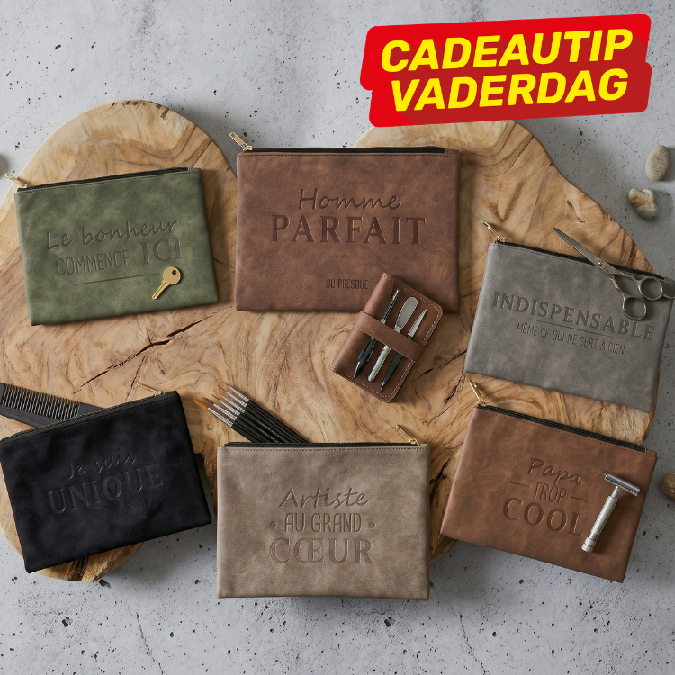 Top-down photo of six embossed leather pouches and a manicure kit on a wooden board — Father's Day gift idea