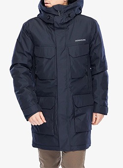 Navy men's long insulated parka with hood, zip front and multiple flap pockets — water-resistant winter coat