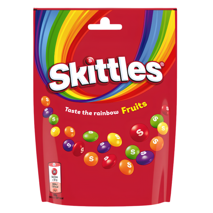 Red resealable Skittles Fruits pouch showing rainbow logo and scattered colourful S‑marked fruit-flavoured sweets